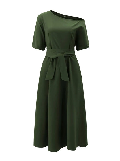 Women's S-2XL Size New Slanted Shoulder Collar Tie Waist Style Solid Color Dress Leopard print maxi dresses for women