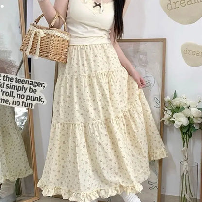 Floral A-Line Skirt for Women Summer 2024 Mid-Calf Length High Waisted Skirt Korean Streetwear Y2k Harajuku Skirt