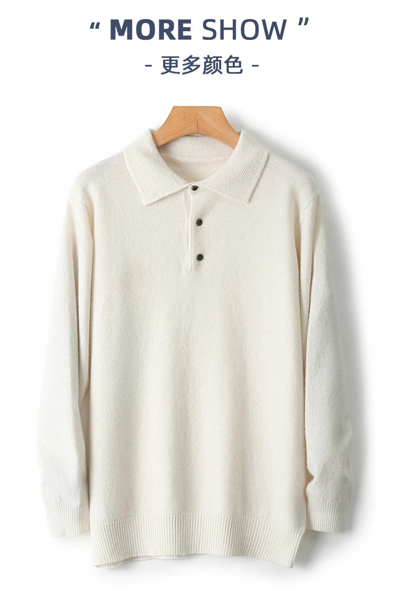Autumn and winter new 100% pure wool sweater men's POLOL neck sweater lapel button cashmere sweater business bottoming shirt.
