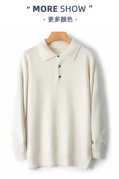 Autumn and winter new 100% pure wool sweater men's POLOL neck sweater lapel button cashmere sweater business bottoming shirt.