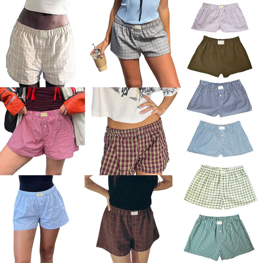 Women’s Y2K Retro Cleanfit Plaid Print Elastic Low Waist Button Front Aesthetic Loungewear Loose Shorts Boxers Streetwear
