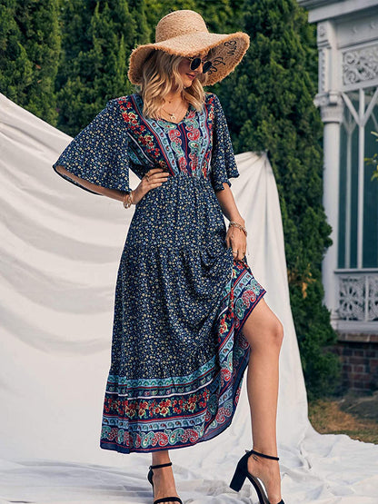 Boho Retro Printed Long Beach Dress Summer Women Flare Short Sleeve V Neck Summer A-Line Dress 2022 Party Elegant Dress