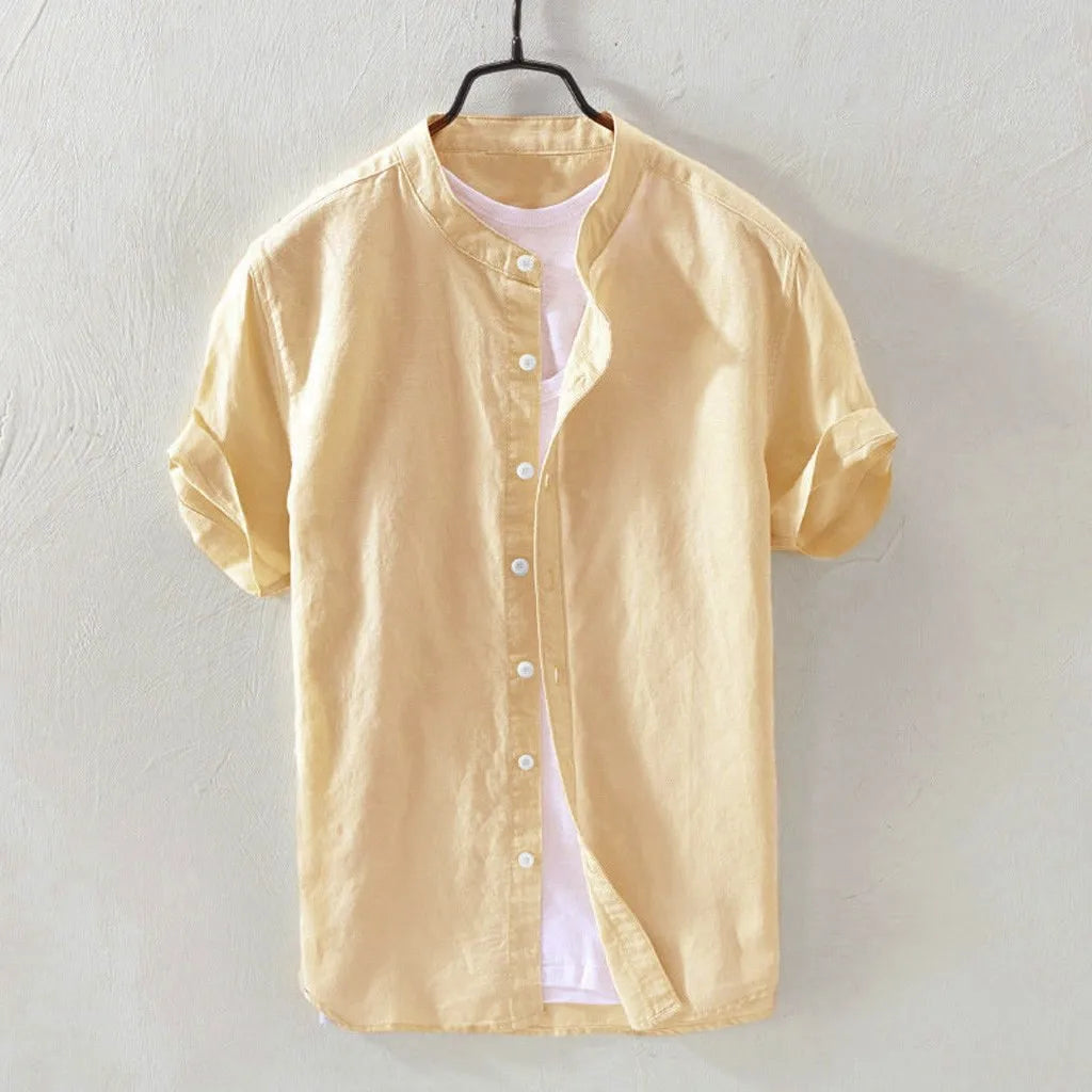 Men's Casual Cotton Linen Shirt Loose Tops Short Sleeve Tee Shirt Summer Daily Casual Handsome Shirt Blusa