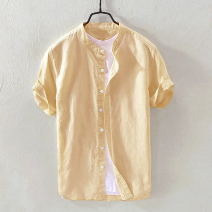 Men's Casual Cotton Linen Shirt Loose Tops Short Sleeve Tee Shirt Summer Daily Casual Handsome Shirt Blusa