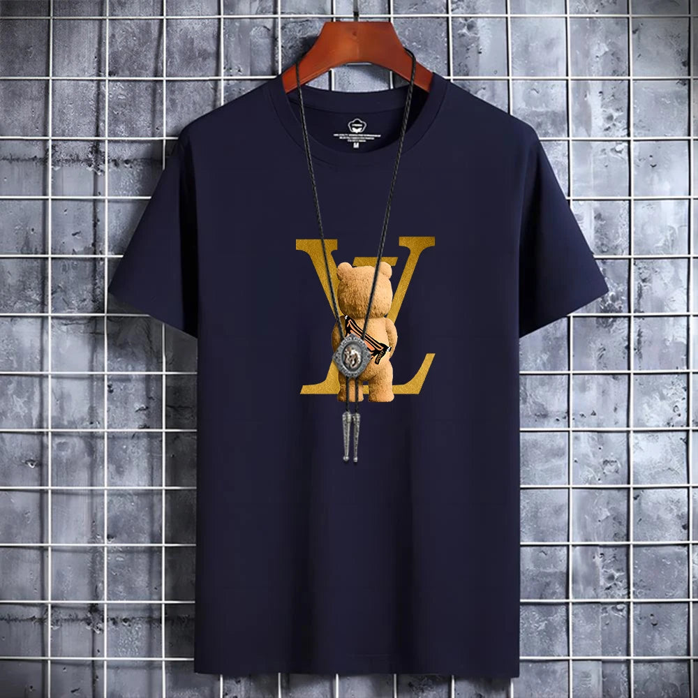 Summer Men's Luxury Casual T-Shirt Retro Y2k Designer Short Sleeve Tees Male Vintage Cotton Trendy High Quality Bear Print Tops