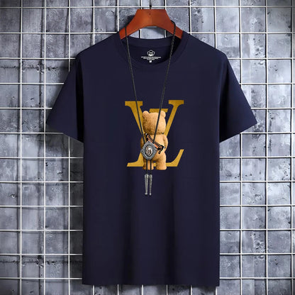Summer Men's Luxury Casual T-Shirt Retro Y2k Designer Short Sleeve Tees Male Vintage Cotton Trendy High Quality Bear Print Tops