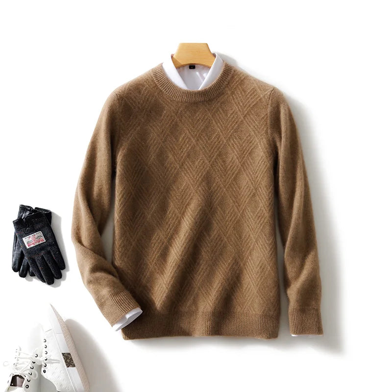 Autumn and winter round neck 100% wool sweater men's sweater with knitted warm base sweater, high-end top
