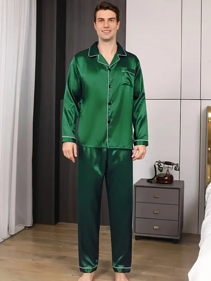 Men's Satin Pajama Set Linter Lapel Collar Long Sleeve Tops & Pants Sleepwear Button Down Loungewear Autumn Pyjama For Man