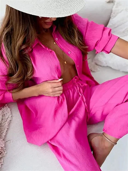 2024 New Style Amazon Autumn/Winter Cotton Linen Solid Color Loose-Fit Shirt Wide-Leg Trousers Casual Suit For Women
