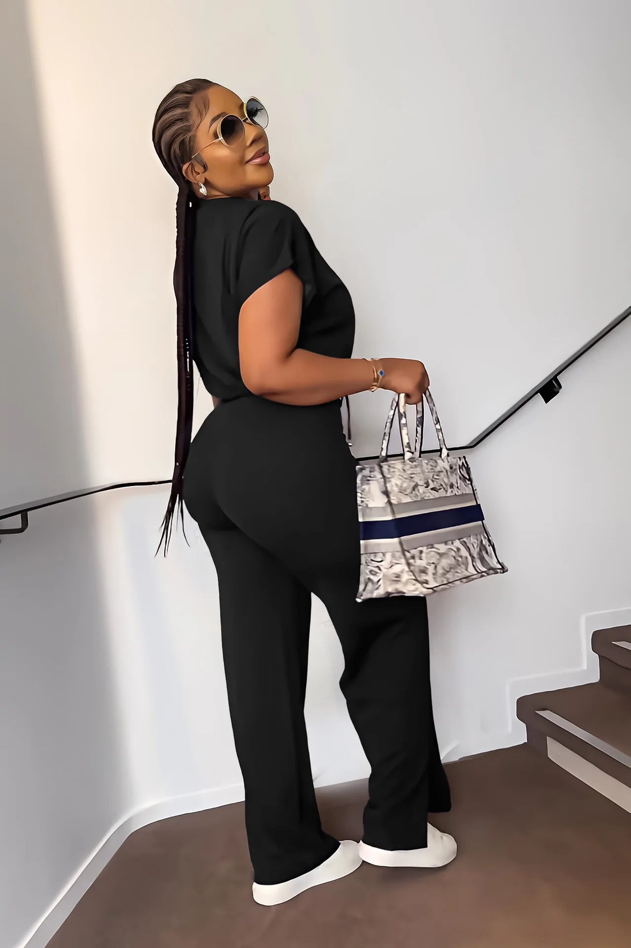 Women Short Sleeve Top & High Waist Pants Set