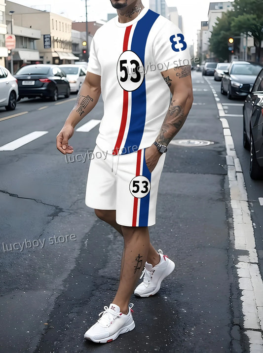 2025Men 53 Printed Set 2 Piece Set Men T-Shirt Shorts Pants Suit Casual Short Tracksuit  Vintage Outfit Sportswear Male Clothing
