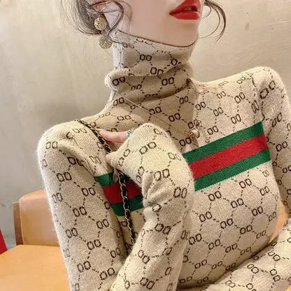 Women Slim Turtleneck Commute Warm Knitted Pullover Autumn Winter Vintage Soft Elastic Striped Letter Jacquard Sweaters