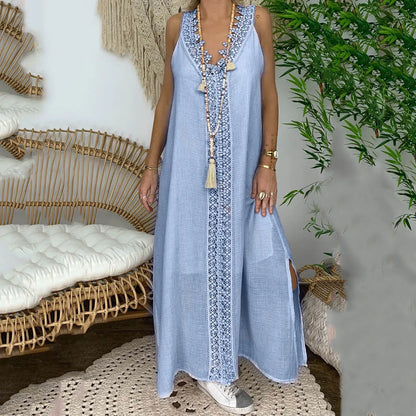 2025 New Summer Women Loose Sleeveless Lace Splice Dress Designer Casual Elegant White Dresses For Women Robe Femmes