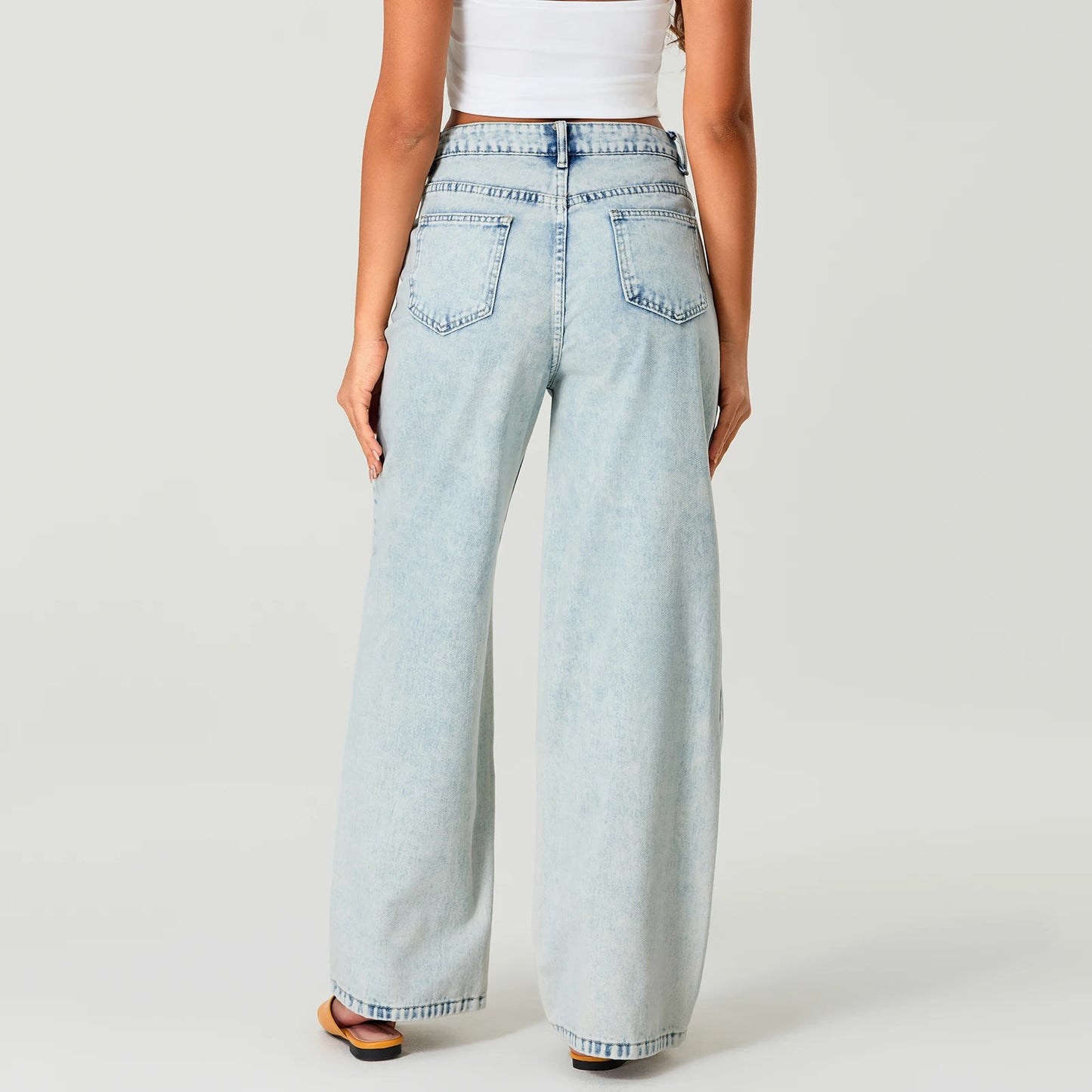 Simple Stylish Low Waist Casual Wide Leg Pants Women Spring Summer Solid Color Jeans with Pockets Streetwear