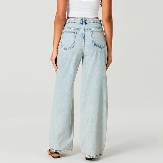 Simple Stylish Low Waist Casual Wide Leg Pants Women Spring Summer Solid Color Jeans with Pockets Streetwear