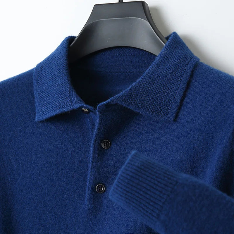 LHZSYY 100%Merino Wool Hot Cardigans Men Lapel Pullover Long Sleeve POLO Neck Sweaters Loose Tops Knit Clothing Large Size Shirt