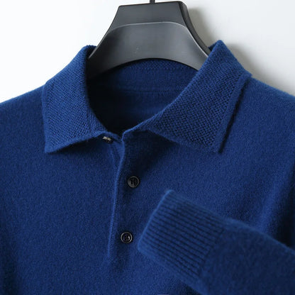 LHZSYY 100%Merino Wool Hot Cardigans Men Lapel Pullover Long Sleeve POLO Neck Sweaters Loose Tops Knit Clothing Large Size Shirt
