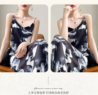 2024 Spring and Summer New Women's Dress Colorful Flower Suspender Skirt Satin Silky Dress Cool and Comfortable