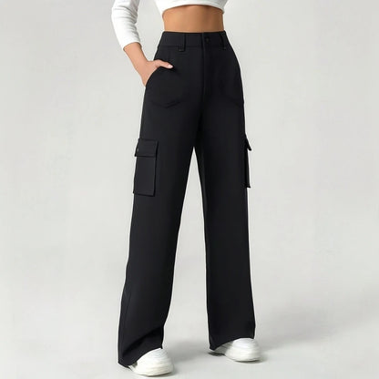 Women's High-Rise Regular-Fit Full-Length Black Cargo Straight leg Trouser Pant