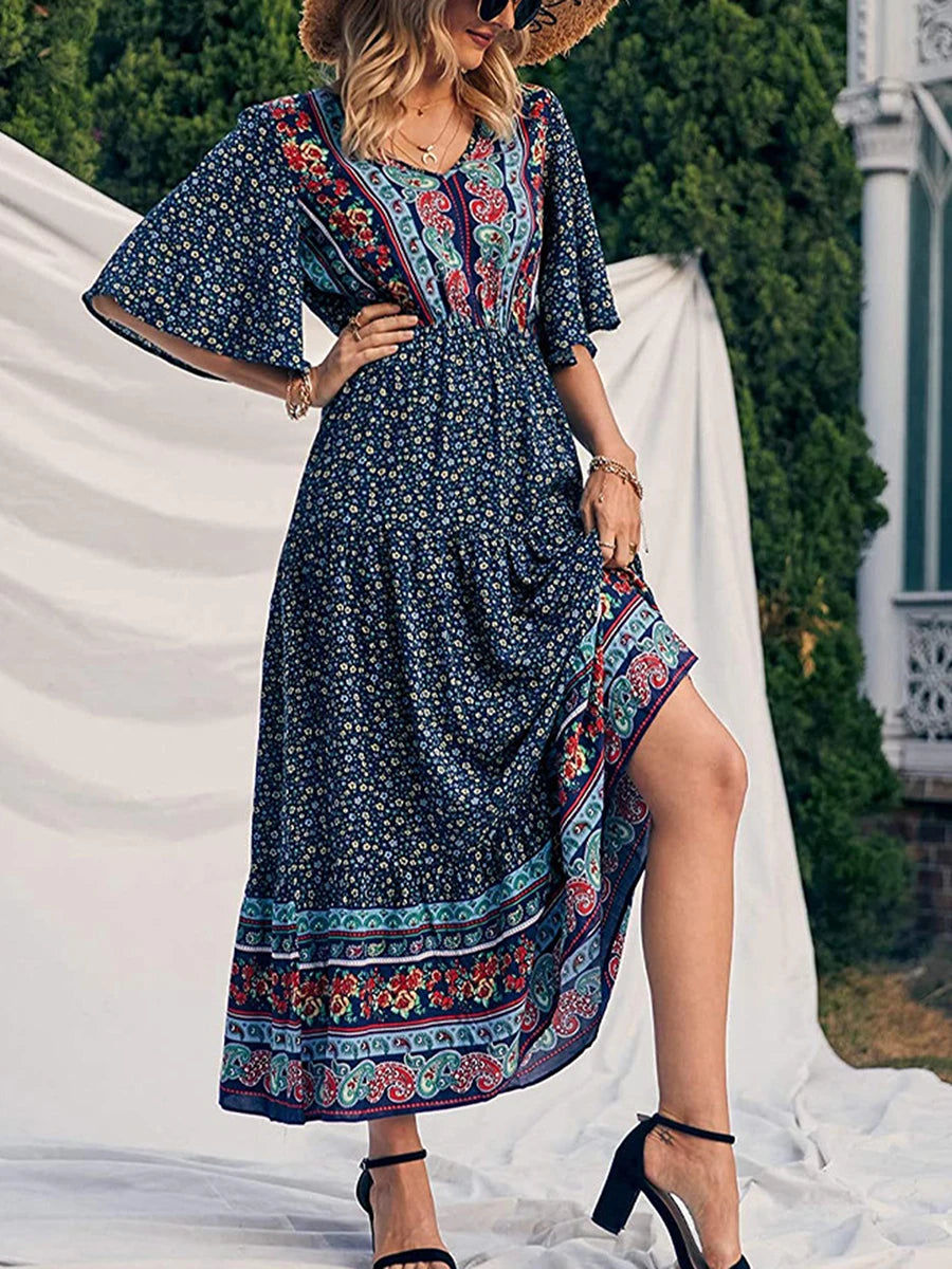 Boho Retro Printed Long Beach Dress Summer Women Flare Short Sleeve V Neck Summer A-Line Dress 2022 Party Elegant Dress