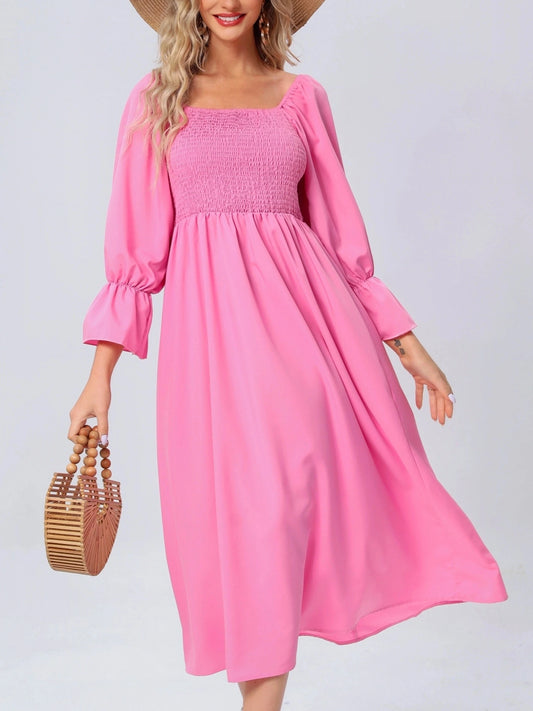 Shirred Solid Dress,Casual Lantern Sleeve Squared Neck Slim Waist Midi Dress, Women's Clothing