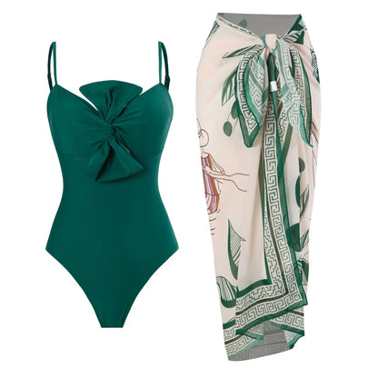 2024 New Sexy Push Up One Piece Swimwear Women Retro Print Biquini Skirt Cover Up Monokini Brazilian Swimming Suit Dress