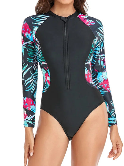 Surf Long Sleeve Swimsuit 2025 Rash Guard Swimwear Women Zipper One Piece Diving Clothes Leaves Printed Bathing Swimming Suit