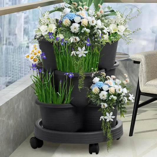 3Tiers Stackable Strawberry Planter with Wheels Vertical Gardening Pots Movable Flower Pot Caddy for Strawberry Flower Vegetable