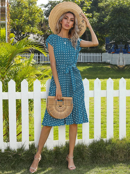 Women Short Sleeve Polka Dot Print Midi Dresses