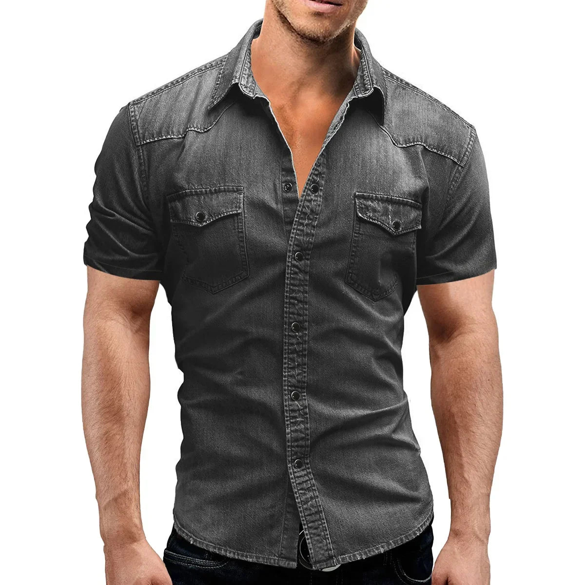 New 2025 Men's Denim Shirt Fashion Short Sleeve Soft Solid Slim Cowboy Tops Men Trend Streetwear Vintage Casual Cardigan T-shirt