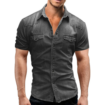 New 2025 Men's Denim Shirt Fashion Short Sleeve Soft Solid Slim Cowboy Tops Men Trend Streetwear Vintage Casual Cardigan T-shirt