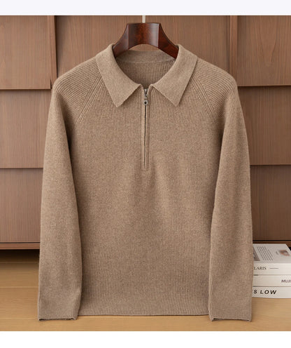 Luxury 100% Merino Wool Sweater for Men Half Zipper Polo Collar Pullover Autumn Winter Cashmere Thick Knitwear Smart Casual Top