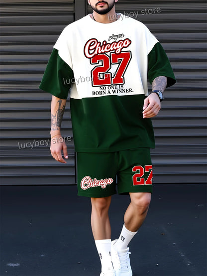 27 Chicago Letter 3D Printed Sport T-shirt+shorts Suit Set Men Male Luxury Tracksuit Outfit Summer Oversized 2 Piece Set Clothes