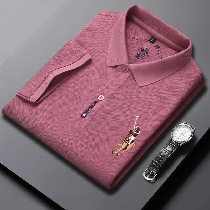 Men's High-quality Summer New Embroidered Lapel Men's Short Sleeved Polo Shirt with Tassel Solid Color Business Casual Men's Pol