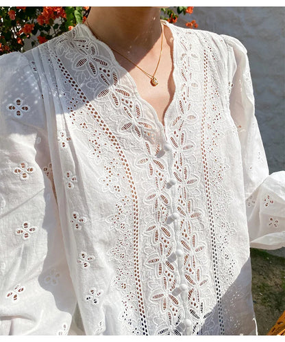 2025 Spring New Women's French White Shirt Splicing Lace Embroidery Design Ladies Shirt Long Sleeve Casual Holiday Beach Tops