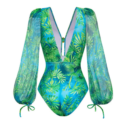 Flaxmaker Women Sexy Deep V Neck Long-sleeved Jungle Green Print One Piece Swimsuit And Skirt Summer Bathing Suit Monokini