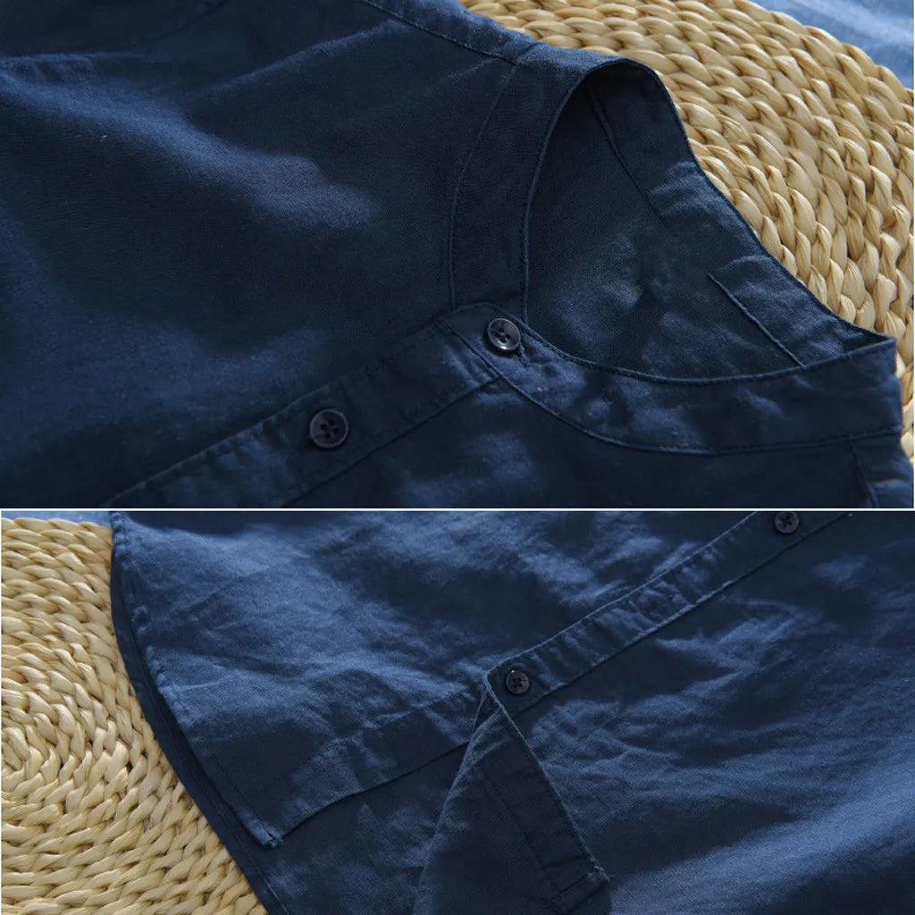 Men's Casual Cotton Linen Shirt Loose Tops Short Sleeve Tee Shirt Summer Daily Casual Handsome Shirt Blusa