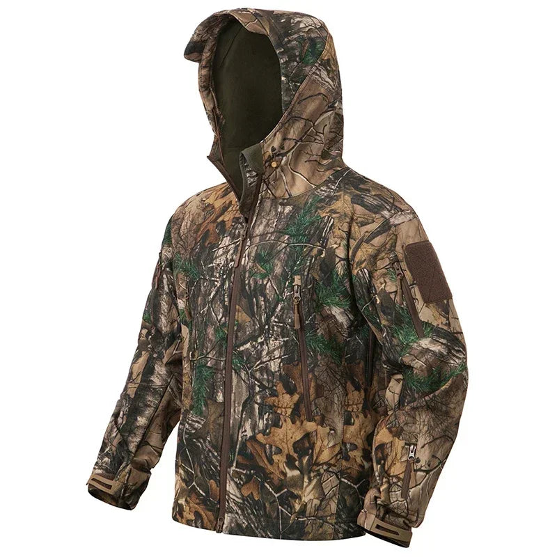 Men's Silent Camouflage Hunting Jacket Soft Shell Outdoor Hiking Fishing Hooded Coat Waterproof Fleece Tactical Jackets