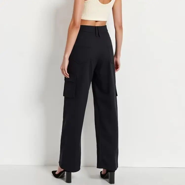 Women's High-Rise Regular-Fit Full-Length Black Cargo Straight leg Trouser Pant