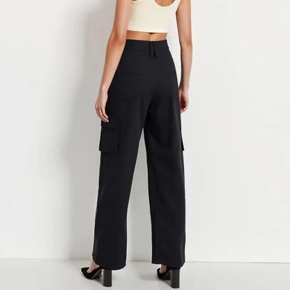 Women's High-Rise Regular-Fit Full-Length Black Cargo Straight leg Trouser Pant