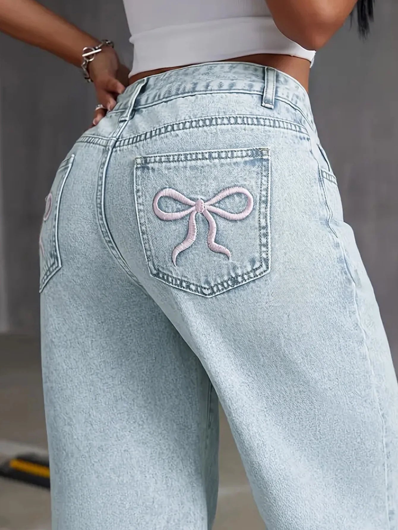 Light Blue Women's denim pants Straight Leg baggy jeans with pocket Spring 2025 Loose jeans