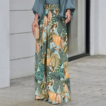 Women's Clothing Set Lantern Sleeves Loose Top Printed Wide Leg Pants Two Piece Set