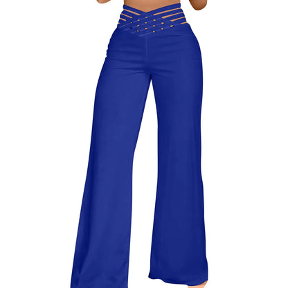 Summer Wide Leg Hollow Wide Waistband Long Pants Women High Waist Solid Color Wide Leg Flared Trousers Yoga Sport Gym Pants