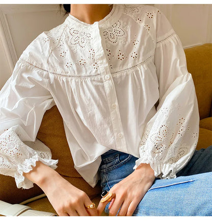 2025 Spring New Women's French White Shirt Splicing Lace Embroidery Design Ladies Shirt Long Sleeve Casual Holiday Beach Tops