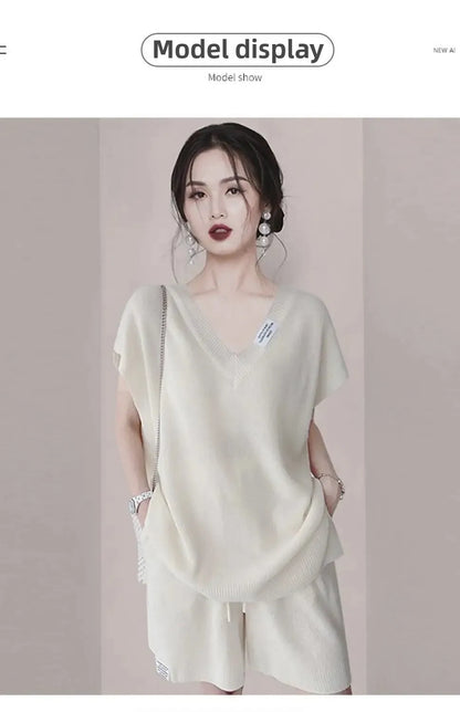 Casual Fashionable V-Neck Shorts Set Summer New Light Elegant Quality Small Size People Will like Short Skirt And Top Set