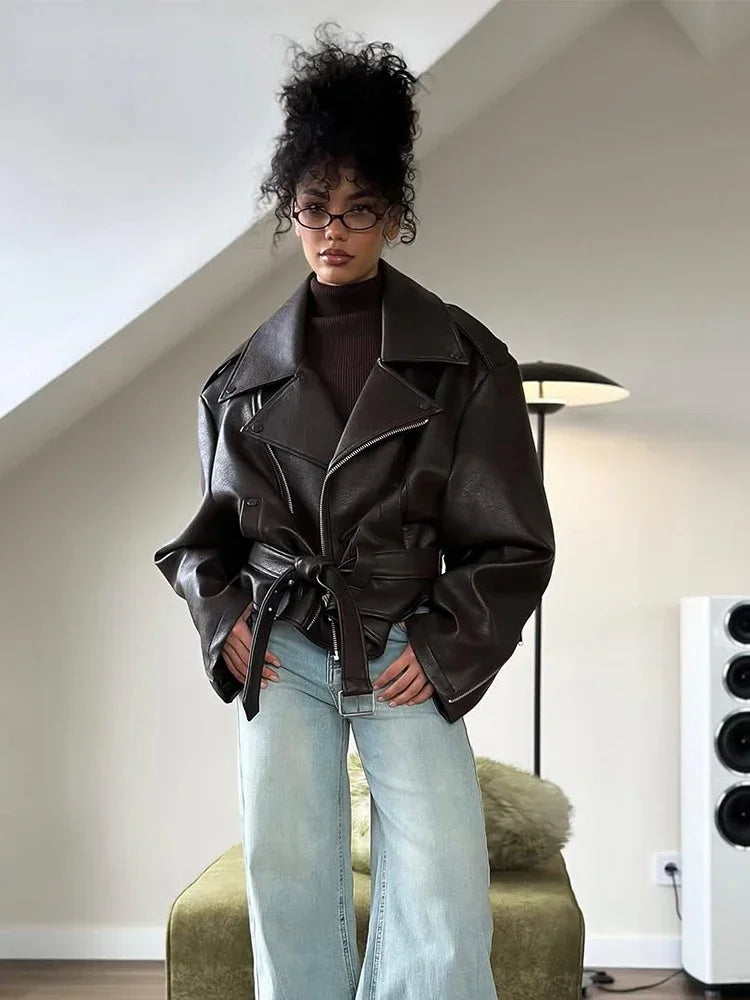 Brown Lapel Leather Bomber Jacket Women's Fashion Full Sleeve Zipper Pocket Lace Up Belt Coat 2025 Autumn High Street Outerwear