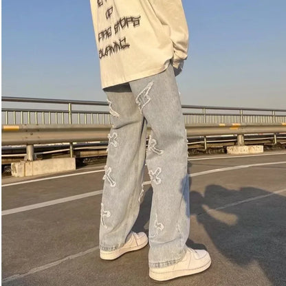 Trendy Straight-leg Denim Jeans For Men Summer Casual High Street Style Wide Leg Hop Streetwear Long Pants