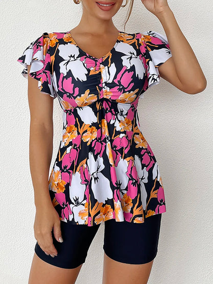 2025 Printed Tankini Set Two Piece Swimsuit Women Tie Front Drawstring Swimwear Female Bathing Swimming Suit Beachwear Summer