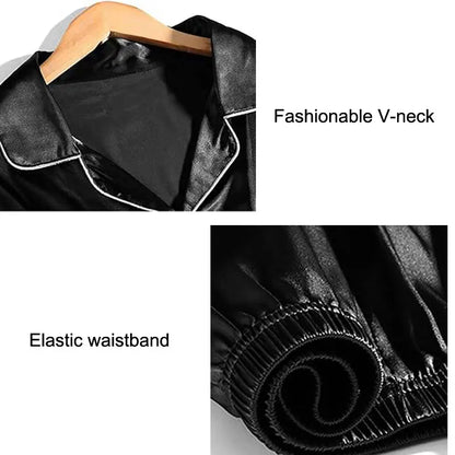 Men's Satin Pajama Set Linter Lapel Collar Long Sleeve Tops & Pants Sleepwear Button Down Loungewear Autumn Pyjama For Man