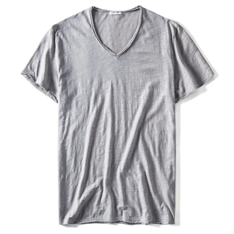 2021 New Summer V-neck T-shirt Men 100% Combed Cotton Solid Short Sleeve T Shirt Men Fitness Undershirt Male Tops Tees